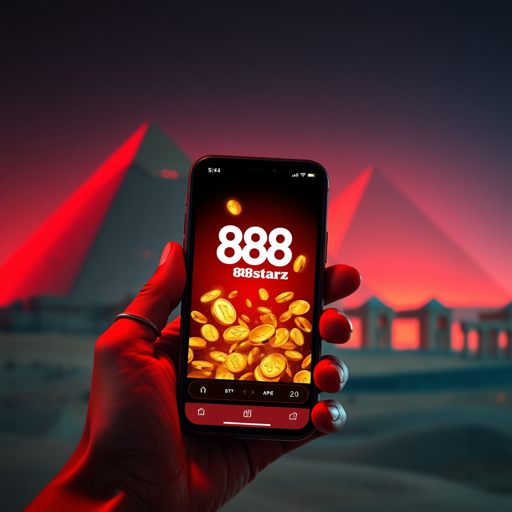 A hand holding a high-end smartphone displaying the official 888starz app with a red and black interface, background is the Great Pyramids of Giza at night with futuristic red neon lighting, 3D golden coins popping out of the screen, cinematic lighting, 8